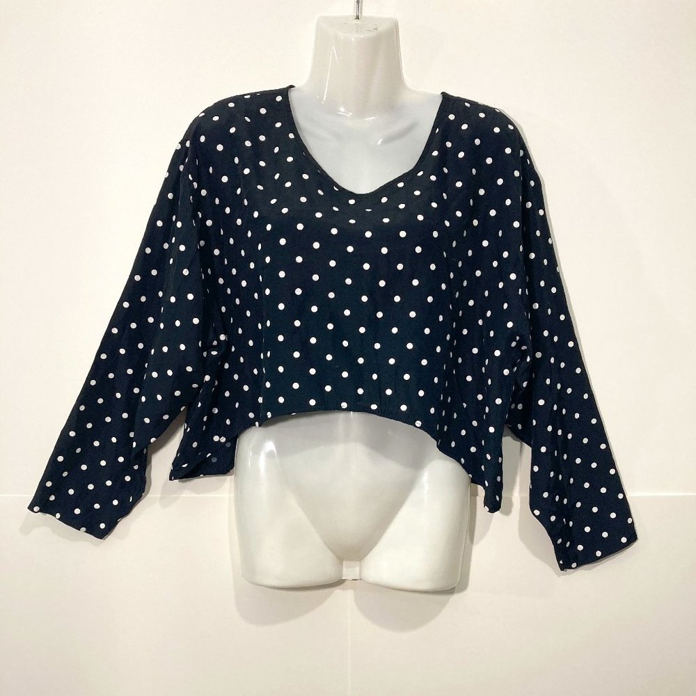 Olian Maternity Polka dot crop Blouse Black White long sleeve rayon high low L